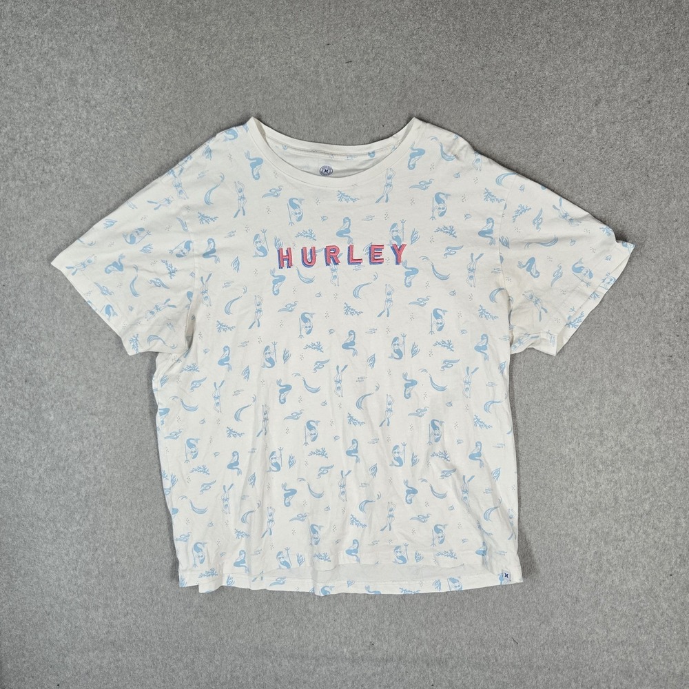 Hurley Men Shirt XXL White Embroidered Graphic Logo Mermaids Short Sleeve
